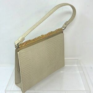 After Five Croc Lizard Embossed Cream Structured Handbag